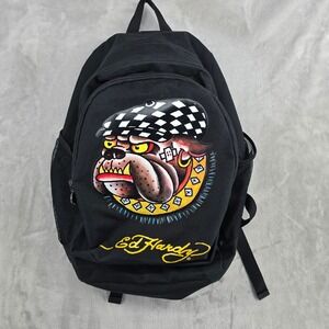 Ed Hardy Bulldog Checker Hat Backpack Black‎ Y2K Graphic Skull Zipper Pull